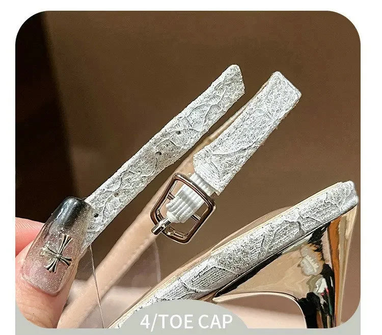 French Bride Gold Wedding Shoes for women Thin Heel Pointed Shallow Mouth Flower Rhinodrill High Heels Bao Head Fashion Sandals