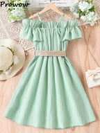 Prowow Girls Party Dresses With Belt 2pcs Trendy Ruffles Off Shoulder Dress For Girls Kids Clothes Teenagers Dresses Girls