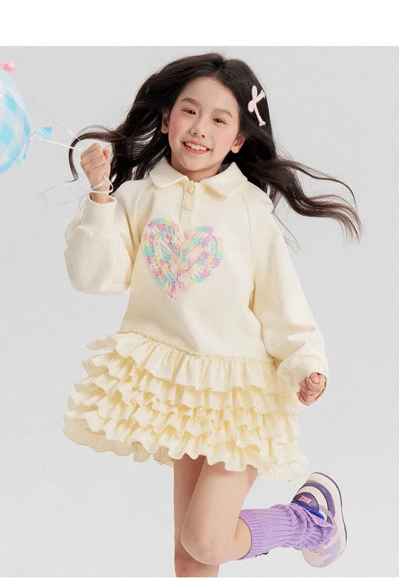 2025 New Autumn heart Teens Girls Cloth long sleeve T-Shirt Pleated splicing princess dress Children Tiered Skirt 5 12 14 year