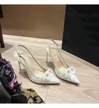 French Bride Gold Wedding Shoes for women Thin Heel Pointed Shallow Mouth Flower Rhinodrill High Heels Bao Head Fashion Sandals