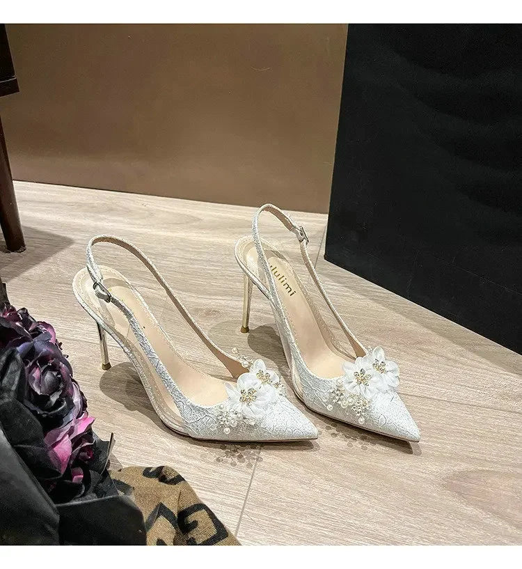 French Bride Gold Wedding Shoes for women Thin Heel Pointed Shallow Mouth Flower Rhinodrill High Heels Bao Head Fashion Sandals