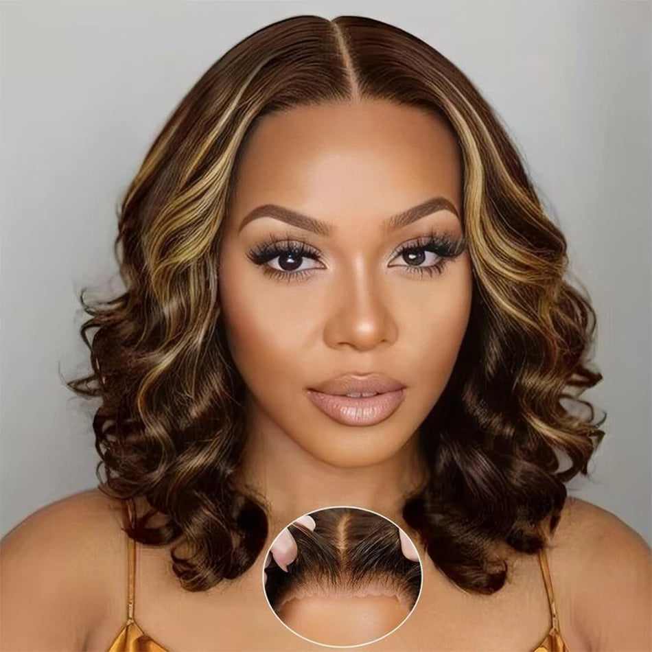 100% Human Hair Wig Highlight Bob Bouncy Loose Curly 12" 250% Density 5x5 HD Lace Closure Glueless Wigs Human Hair Ready To Wear
