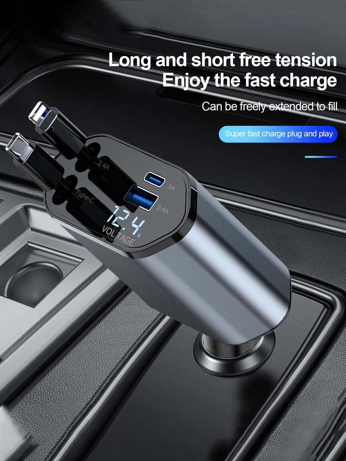 4-in-1 Retractable Car Phone Charger -Max 100W Quick Charge  and USB, Type-C Port for Phone 8-16 Series Android Smart Devices