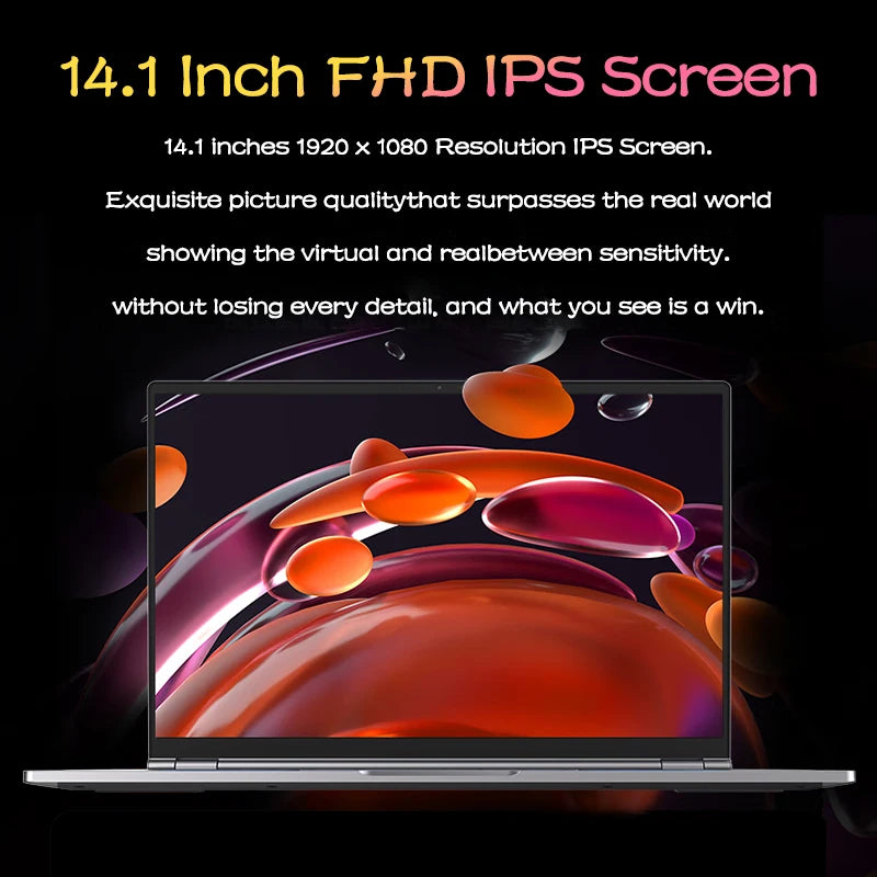 14.1" Slim Bezel Laptop Intel N3700 16GB RAM 1TB SSD Win11 Lightweight Office Entertainment Notebook