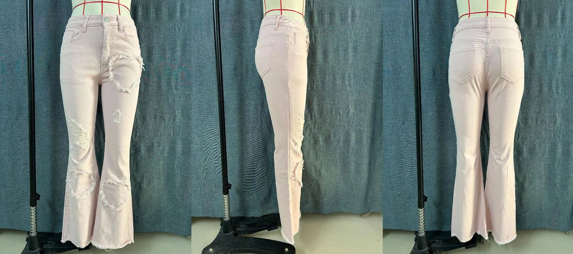 2026 Spring New Arrival Women's Pink Jeans, Blue Heart-Pattern Decorated Stretch Denim Trousers, Fashionable Flared Long Pants.