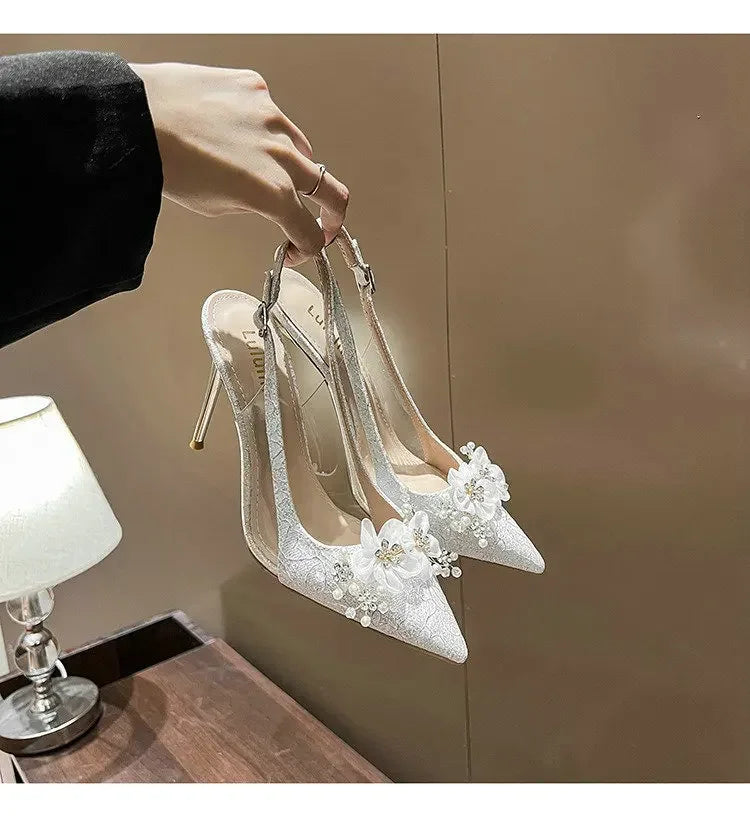 French Bride Gold Wedding Shoes for women Thin Heel Pointed Shallow Mouth Flower Rhinodrill High Heels Bao Head Fashion Sandals