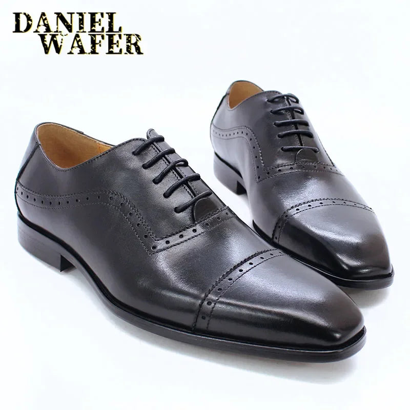 Elegant Men Oxford Shoes Brogue Genuine Leather Black Brown Classic Cap Toe Lace Up Formal Shoes Wedding Office Men Dress Shoes