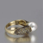 Charm Gift Vintage Carved White Pearl Ring Jewelry Yellow Gold Plated 14K