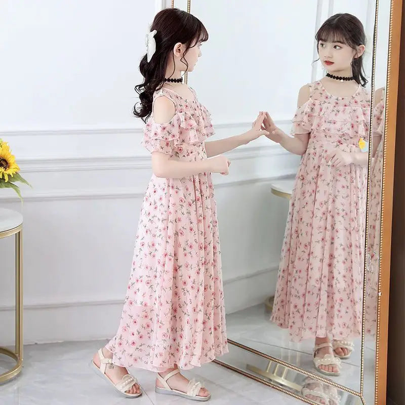 2025 fashion new Summer Teenager Girl Princess Kids Dresses Sleeveless Floral Vestidos Clothes mesh costume 6 8 9 10 12 14 Year