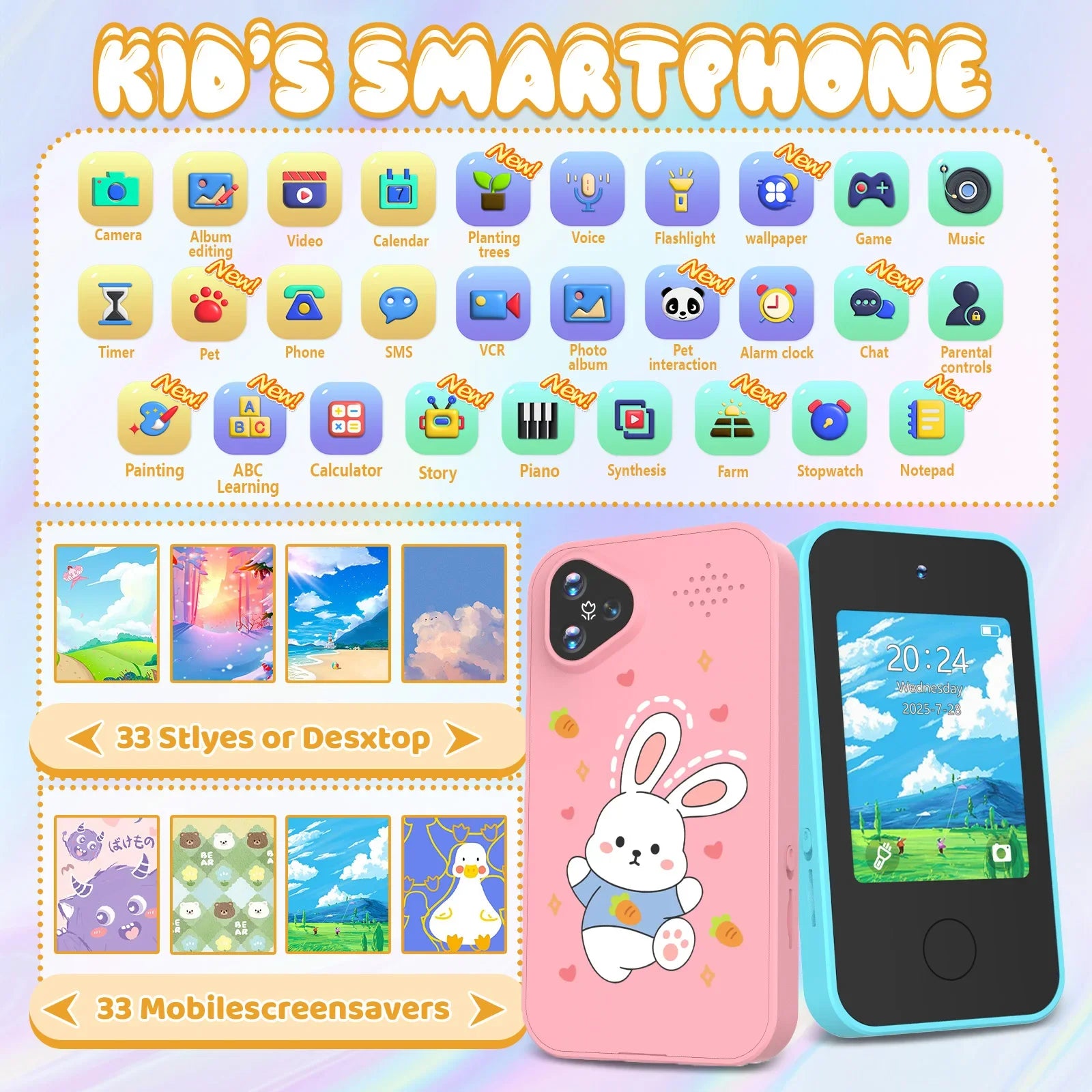 [Smart Phone] 2.8" Kids Smart Phone for Girls | Dual Camera| USB | 600mA battery| Game&Music&Alarm&Calculator，Kids Camera