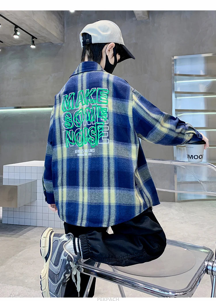 Children New Fashion Blue Plaid Shirt for Boy Casual Blouse Kids Cotton Top Spring Long Sleeve Baby Boy Clothes Outfit Age 5-14Y