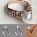 Charm Gift Vintage Carved White Pearl Ring Jewelry Yellow Gold Plated 14K
