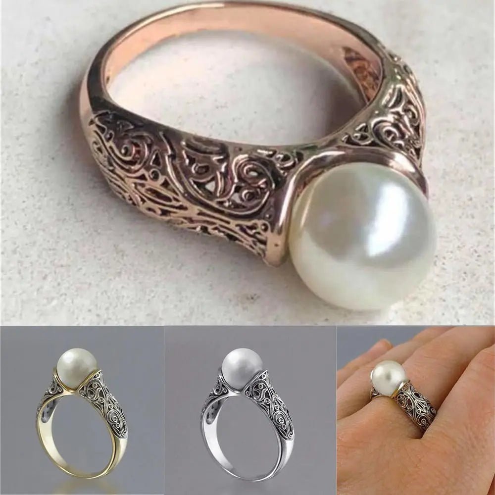 Charm Gift Vintage Carved White Pearl Ring Jewelry Yellow Gold Plated 14K