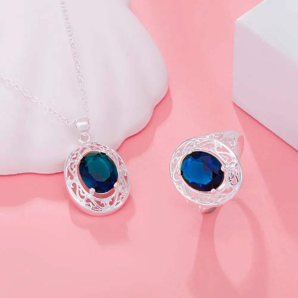 Hot sales 925 Sterling Silver creative Blue Crystal Oval Necklaces rings For Women Fashion streetwear Jewelry Set Wedding Gifts