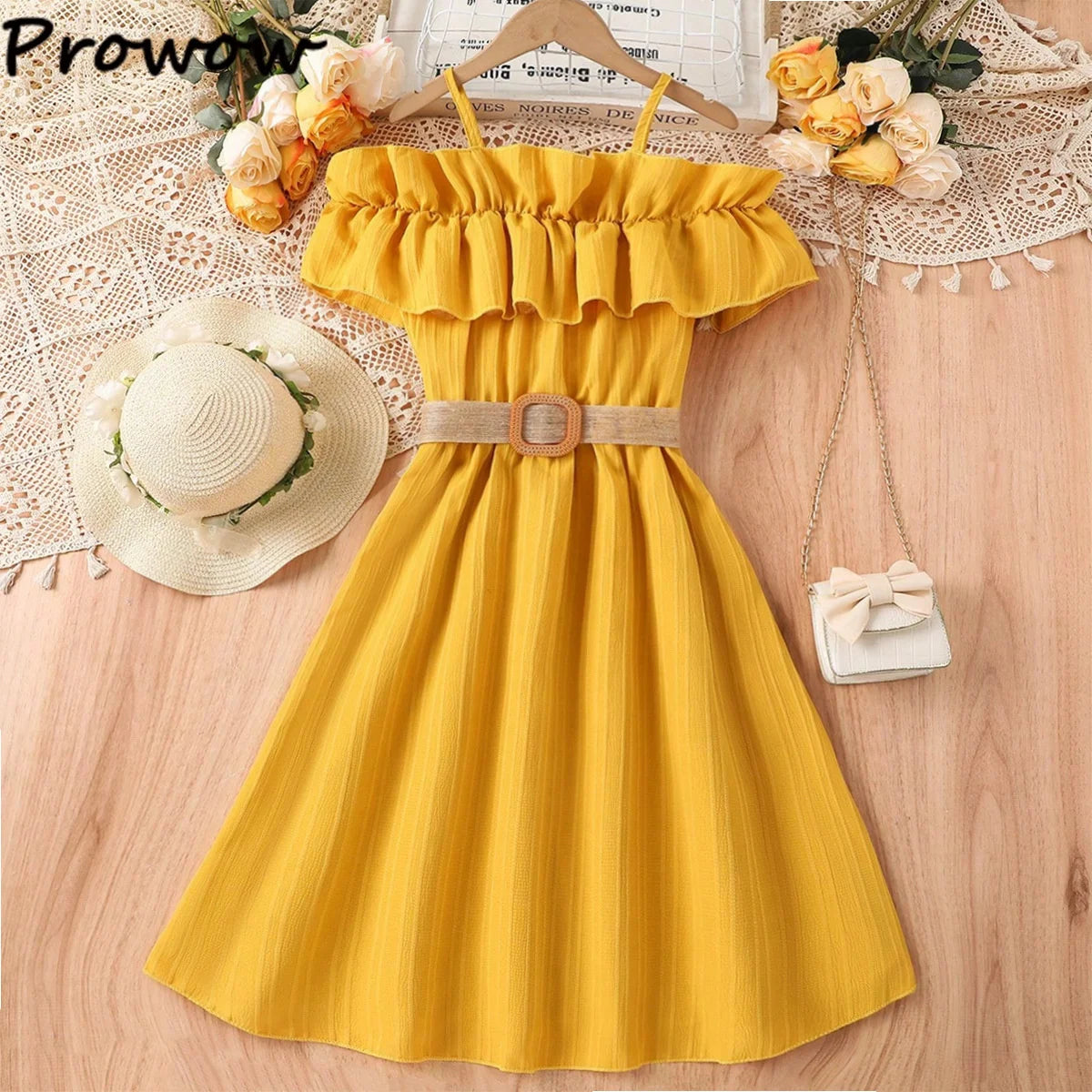 Prowow Girls Party Dresses With Belt 2pcs Trendy Ruffles Off Shoulder Dress For Girls Kids Clothes Teenagers Dresses Girls