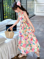 Girls Princess Dress Summer New Children's Puff Sleeve Long Dress Sweet Print Loose Kids Wear 6 8 10 12 14 Years Teens Clothes