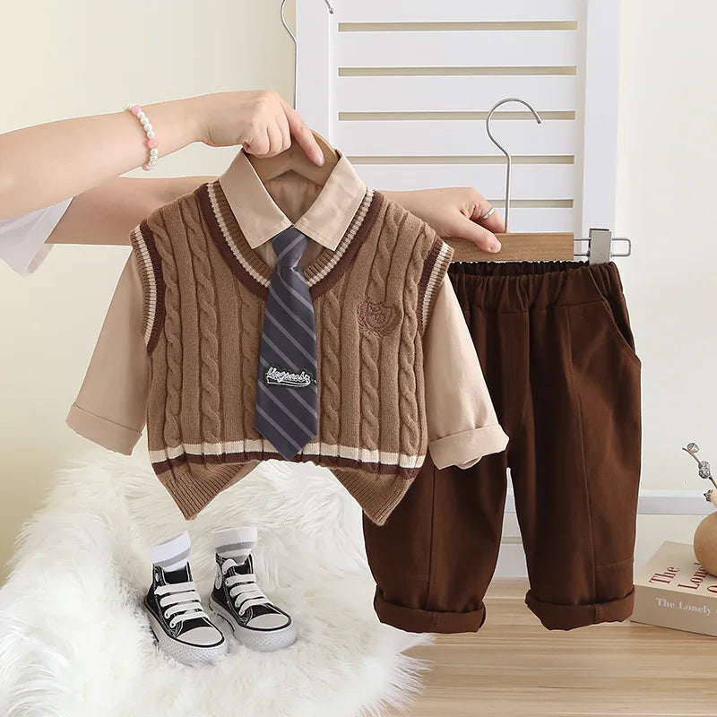Children Boy Clothes Sets Autumn High Quality Fashion Knitted Vest Shirt+Pants 3pc Suits Kids Boys College Style Casual Clothing