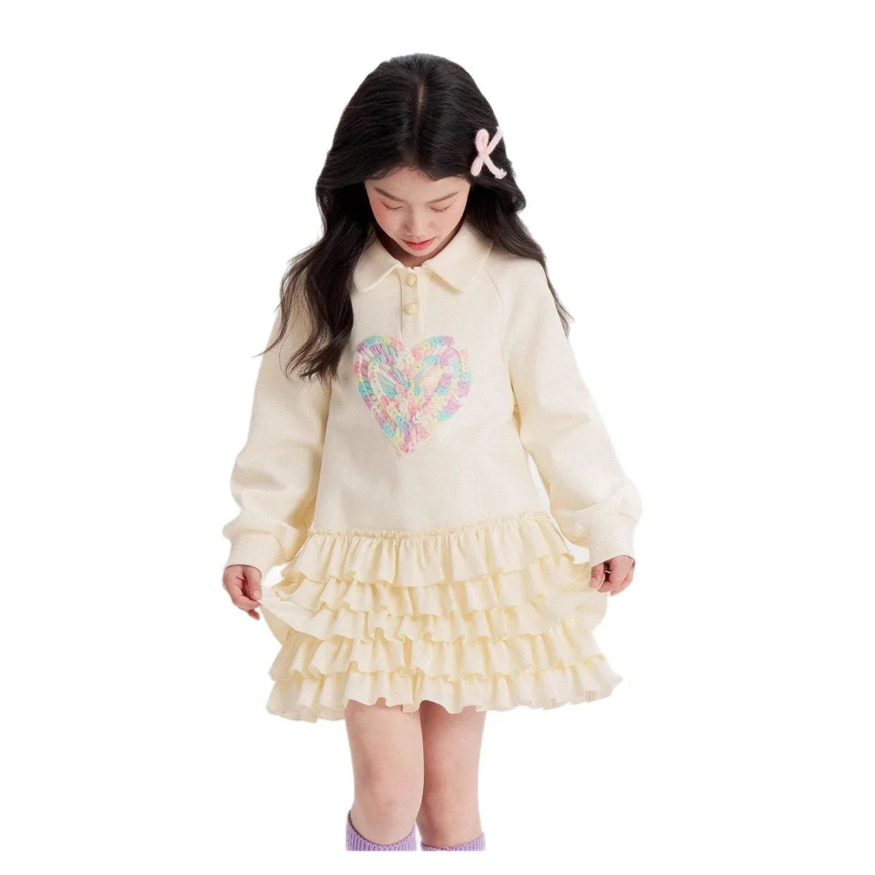 2025 New Autumn heart Teens Girls Cloth long sleeve T-Shirt Pleated splicing princess dress Children Tiered Skirt 5 12 14 year