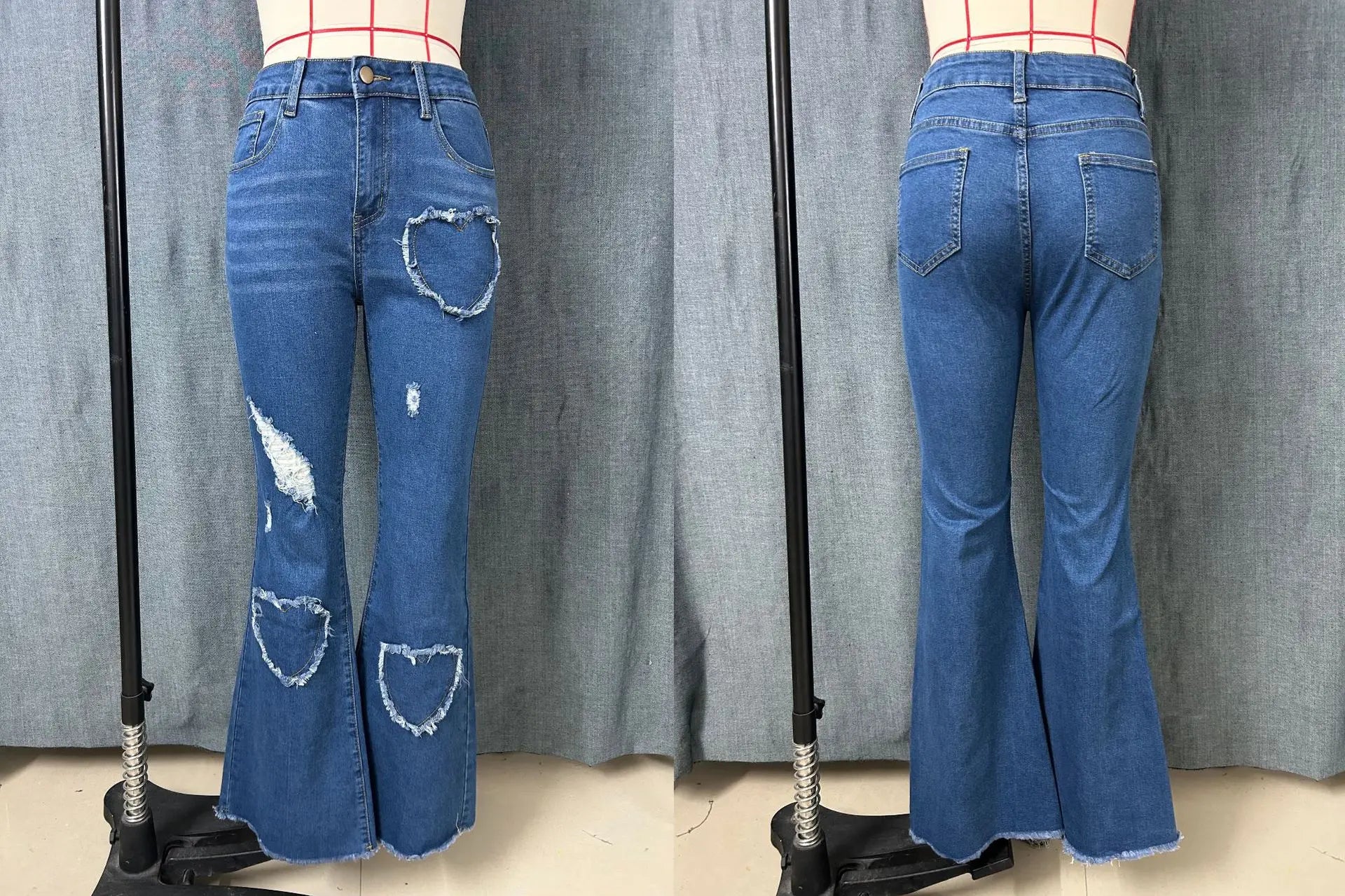 2026 Spring New Arrival Women's Pink Jeans, Blue Heart-Pattern Decorated Stretch Denim Trousers, Fashionable Flared Long Pants.