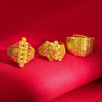 Pure 14k Yellow Gold Coating Ring for Women Classic Glossy Hollowed Leaves Flowers Rings for Bridal Wedding Jewelry Gifts