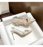 French Bride Gold Wedding Shoes for women Thin Heel Pointed Shallow Mouth Flower Rhinodrill High Heels Bao Head Fashion Sandals