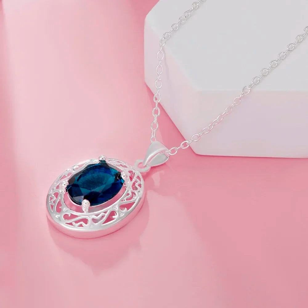 Hot sales 925 Sterling Silver creative Blue Crystal Oval Necklaces rings For Women Fashion streetwear Jewelry Set Wedding Gifts
