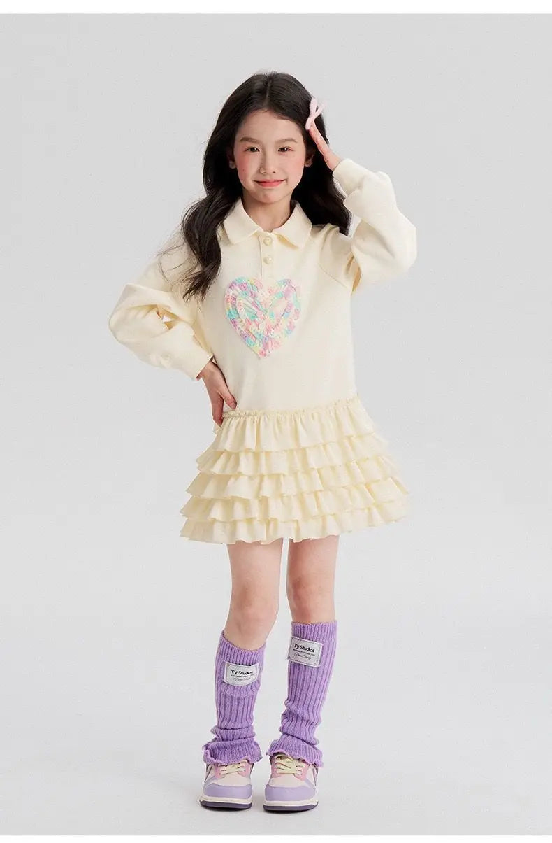 2025 New Autumn heart Teens Girls Cloth long sleeve T-Shirt Pleated splicing princess dress Children Tiered Skirt 5 12 14 year