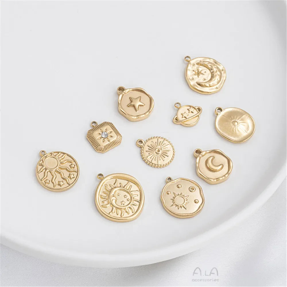 Titanium Steel Vacuum Plated 14K Real Gold Stars Moon Sun Circular Plate Charms Pendant DIY Jewelry Pendant