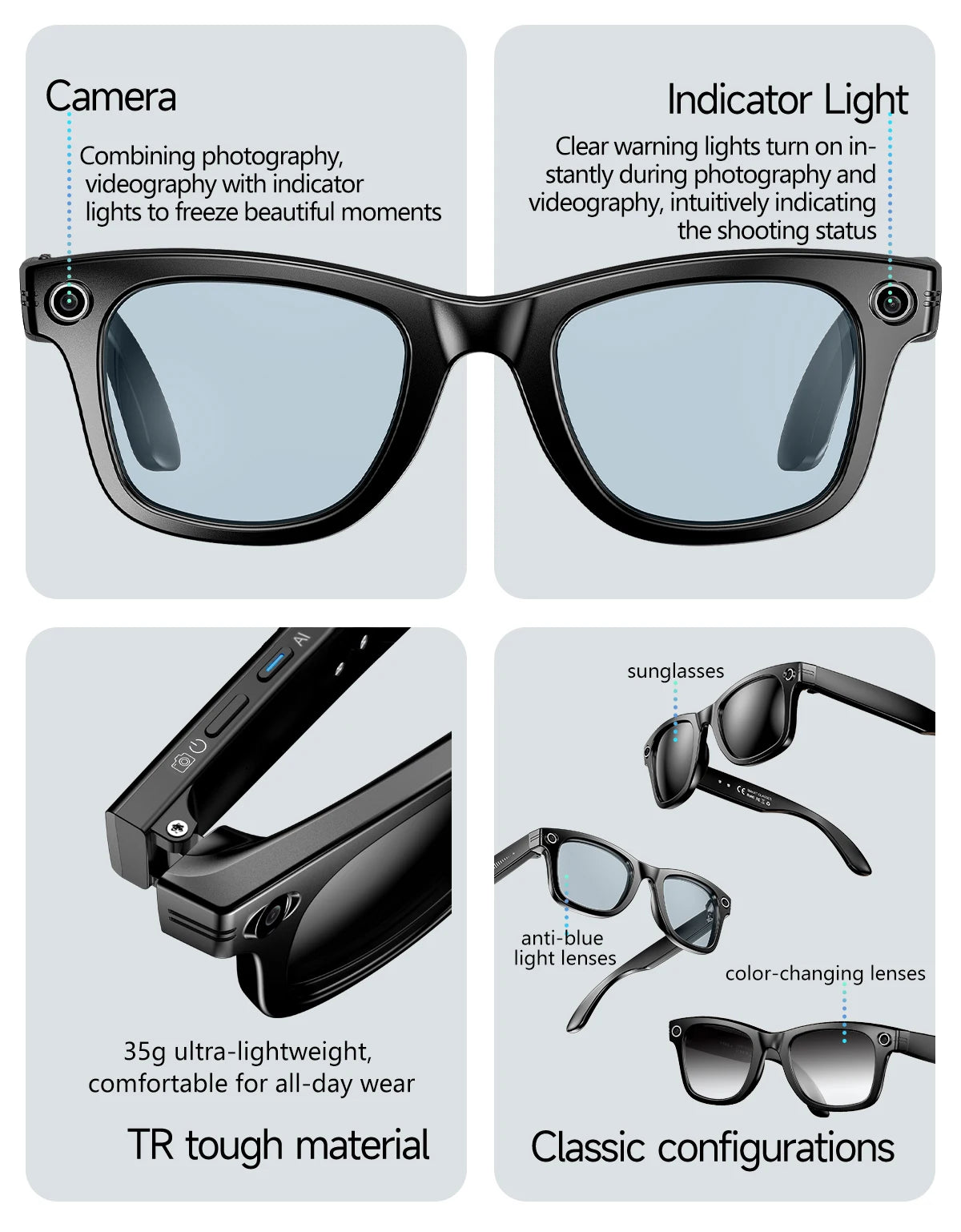 Smart AI Translation Smart Glasses Take Photos Recognizing Objects 4K Camera Bluetooth Music Call Intelligent Recording Glasses