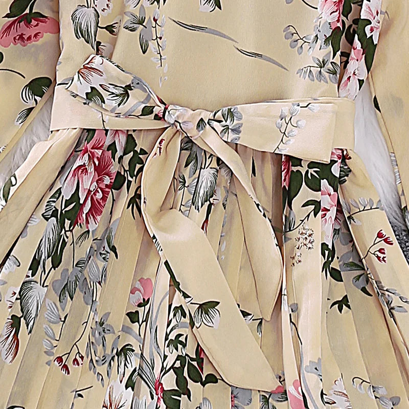 Dress Kids Girls 5-12 Years Cream-Coloured Printed Long-Sleeved Pleated Dress For Girls Summer Princess Baby Girl Dress
