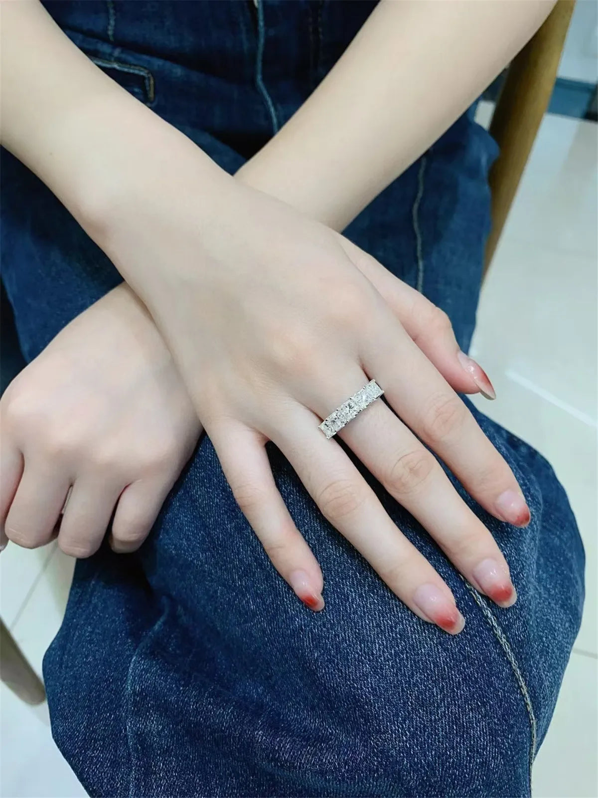 14K real gold laboratory grown diamond princess-shaped 5-stone row ring platinum engagement diamond ring fine jewelry