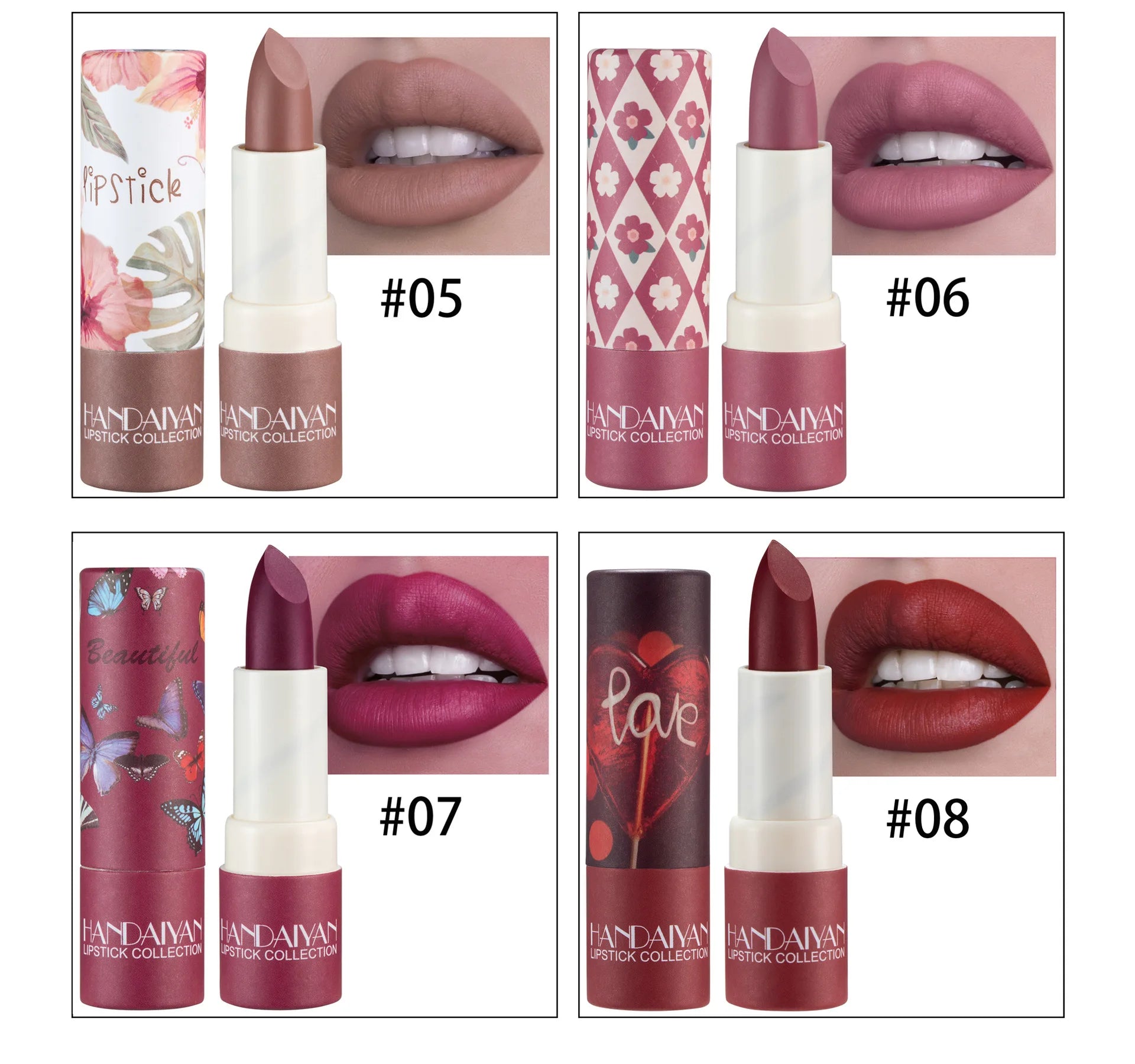 HANDAIYAN 8 Colors Velvet Nude Lipstick Sexy Red Pigments Makeup Matte Lip Stick Long Lasting Waterproof Professional Cosmetics