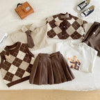 Fashion Children Boy Girls Matching Clothes Plaid Knitting Sweater Tops Pleated Skirt Pant Bear Outwear Spring Fall Clothing Set