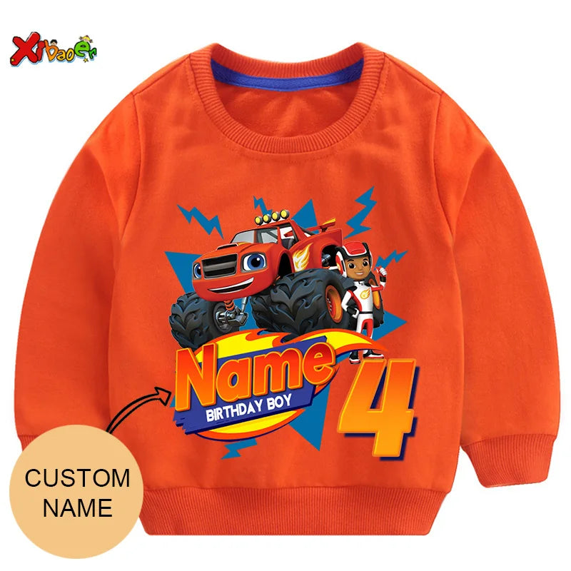 Children Clothes for Boys Sweatshirt Personalized Name Birthday Blaze Shirt Long T Shirt Girl Clothing Kids Toddler Fall Hoodie
