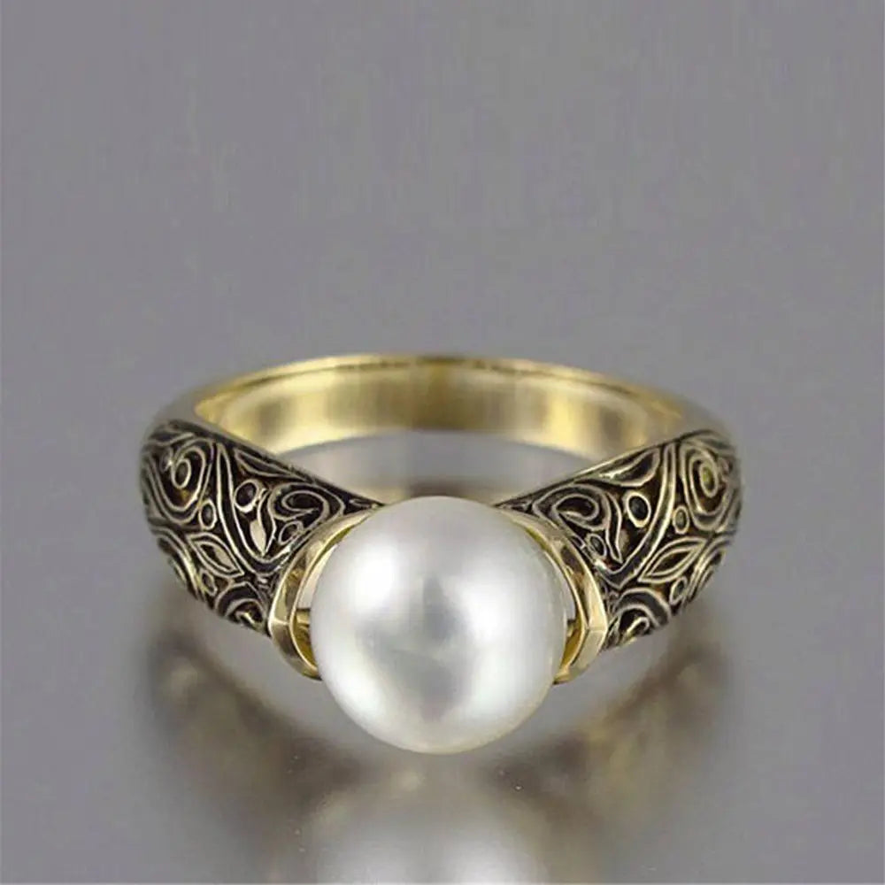 Charm Gift Vintage Carved White Pearl Ring Jewelry Yellow Gold Plated 14K