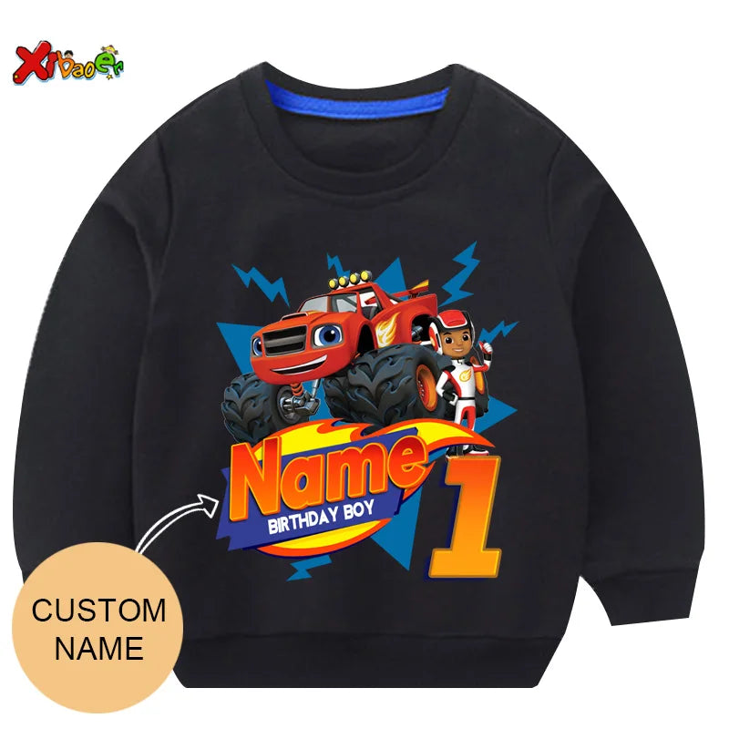 Children Clothes for Boys Sweatshirt Personalized Name Birthday Blaze Shirt Long T Shirt Girl Clothing Kids Toddler Fall Hoodie