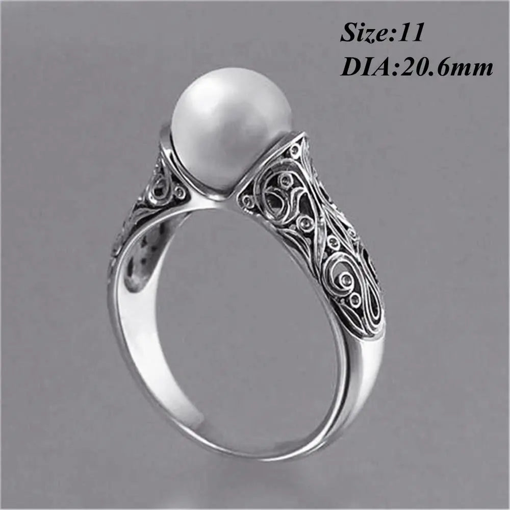 Charm Gift Vintage Carved White Pearl Ring Jewelry Yellow Gold Plated 14K