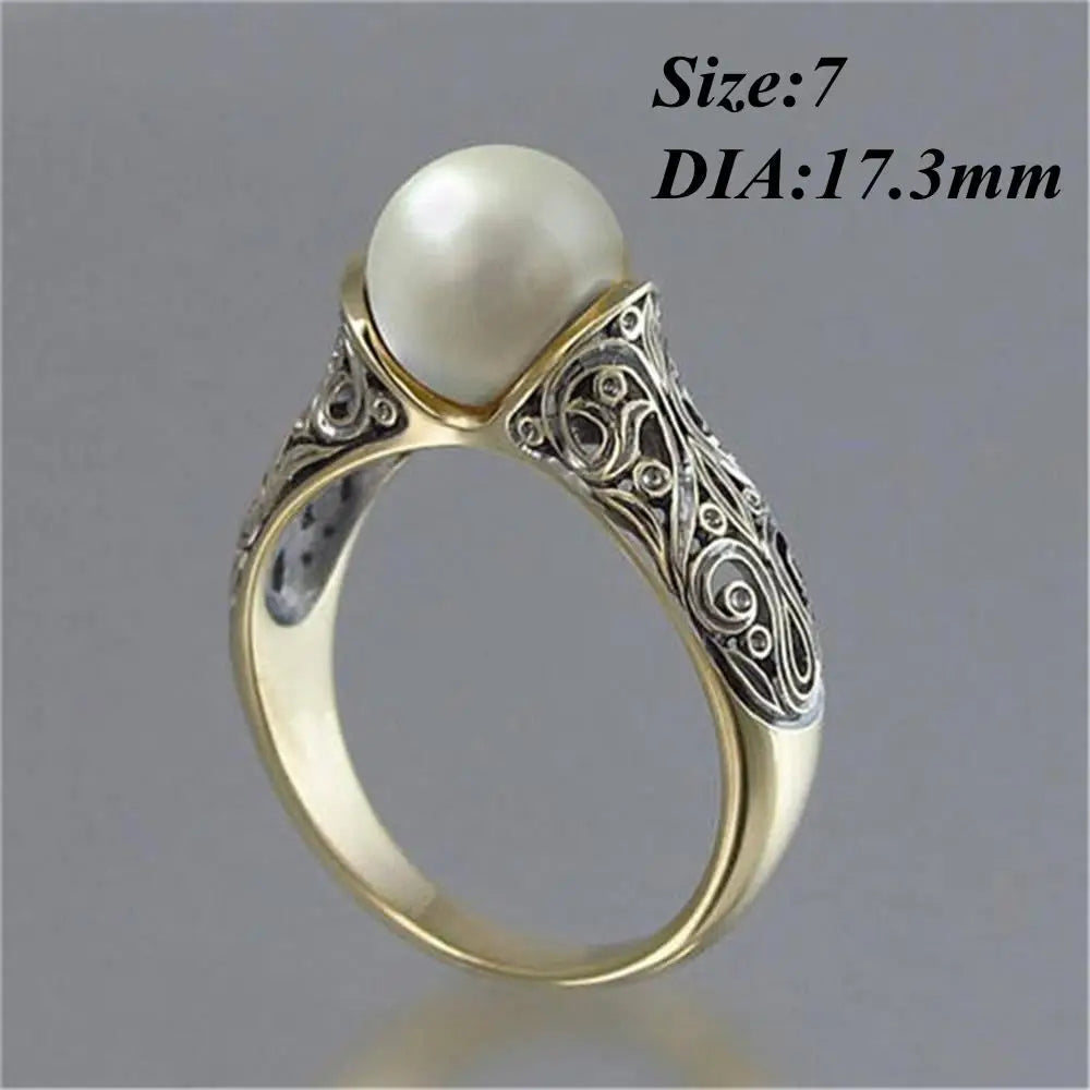 Charm Gift Vintage Carved White Pearl Ring Jewelry Yellow Gold Plated 14K