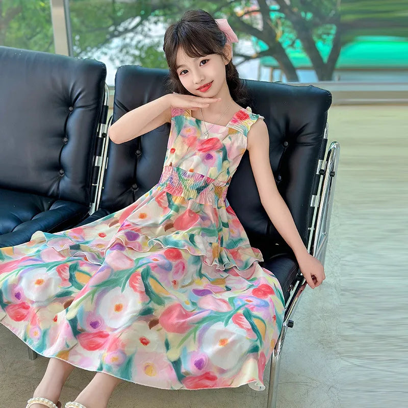 Girls Princess Dress Summer New Children's Puff Sleeve Long Dress Sweet Print Loose Kids Wear 6 8 10 12 14 Years Teens Clothes