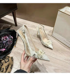 French Bride Gold Wedding Shoes for women Thin Heel Pointed Shallow Mouth Flower Rhinodrill High Heels Bao Head Fashion Sandals