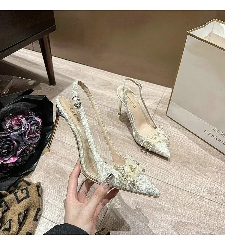 French Bride Gold Wedding Shoes for women Thin Heel Pointed Shallow Mouth Flower Rhinodrill High Heels Bao Head Fashion Sandals