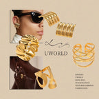 Uworld 5PCS Textured Earrings Heart-Shaped Linear Stacked Rings Gold Color Clothing Matching Jewelry As A Gift For Her ﻿