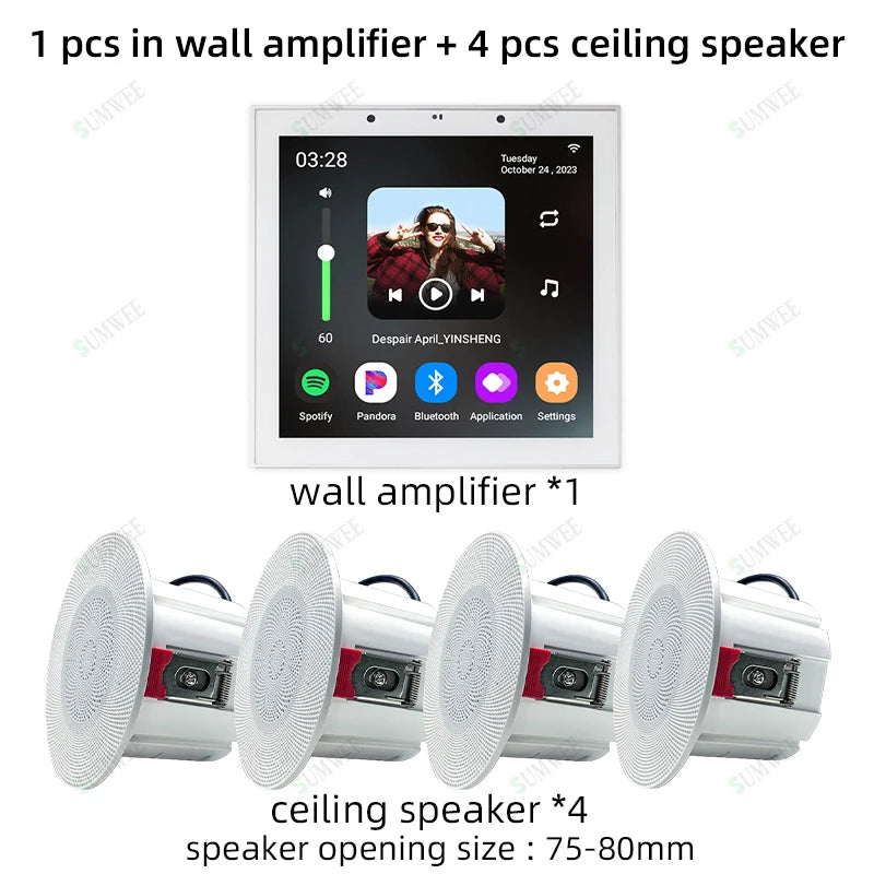 Smart Home Touch Screen 4inch WIFI Android11 bluetooths audio in Wall Amplifier Control Background Music Ceiling Speakers system