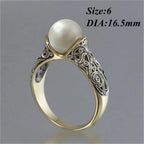 Charm Gift Vintage Carved White Pearl Ring Jewelry Yellow Gold Plated 14K