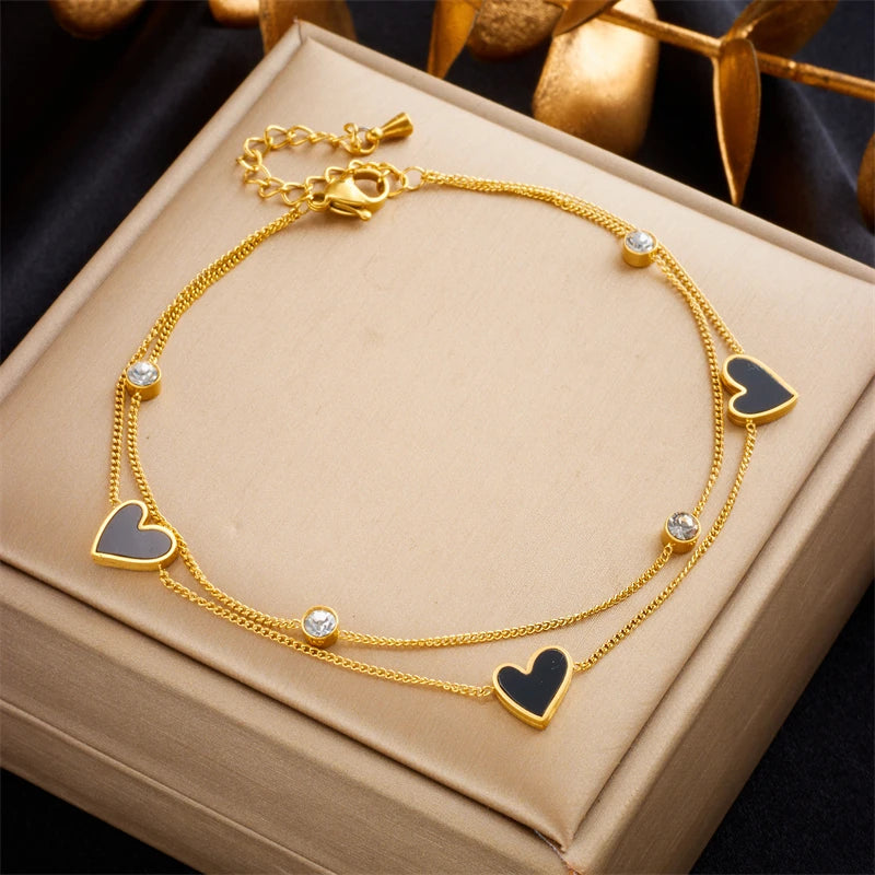 DIEYURO 316L Stainless Steel Heart Love Anklets For Women Girl New Trend Multi-layer Leg Chain Non-fading Jewelry Gift Party