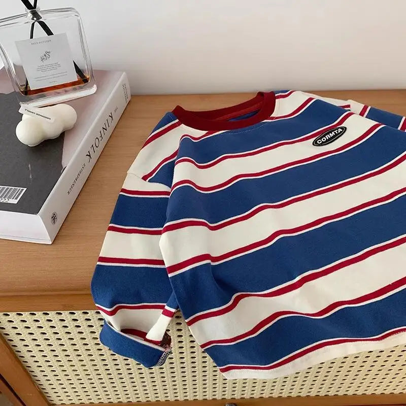 5569-1 Children Long-sleeved T-shirts 2025 Spring Autumn Striped Boy's Sweatershirt Handsome Bottoming Shirts Tops