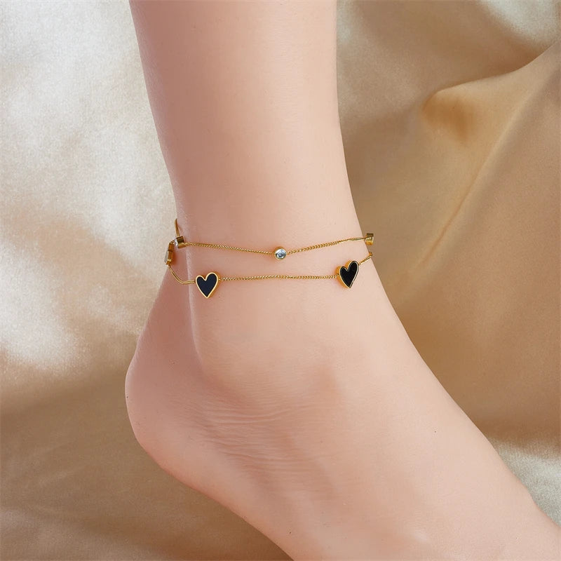 DIEYURO 316L Stainless Steel Heart Love Anklets For Women Girl New Trend Multi-layer Leg Chain Non-fading Jewelry Gift Party