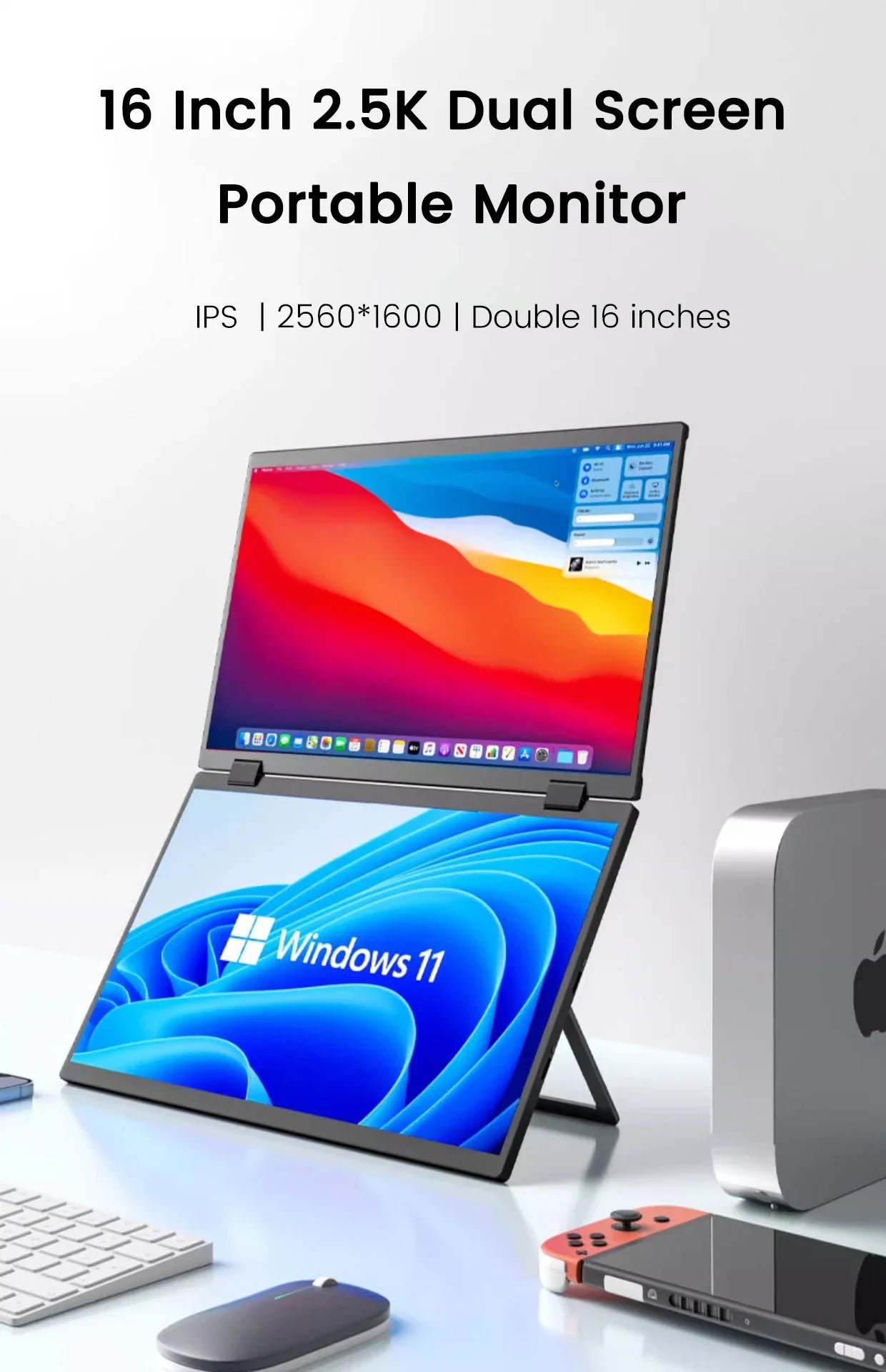 16 Inch 2.5K Dual Screen Portable Monitor 2560*1600P 16:10 100%sRGB With 360° Flip External Screen For PC Laptop Mac Phone PS4/5