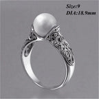 Charm Gift Vintage Carved White Pearl Ring Jewelry Yellow Gold Plated 14K