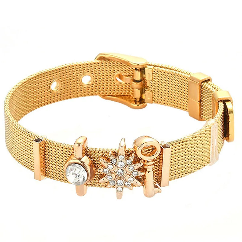 Fashion Stainless Steel For Woman Men Bracelet Mesh Bracelet Set Crystal Heart Anchor Charm Fine Bracelet Bangle Female Lover